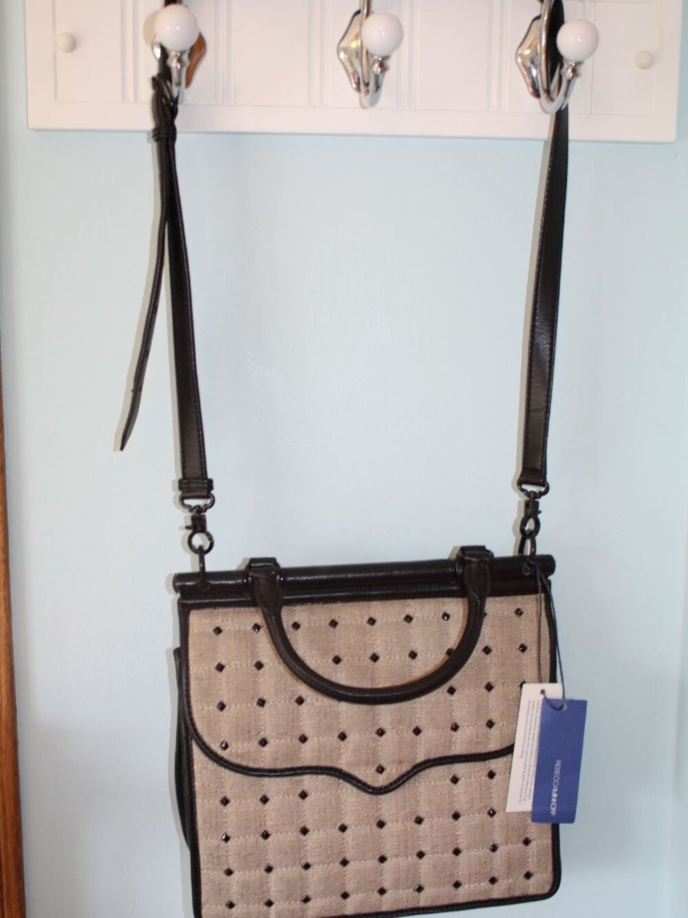REBECCA MINKOFF BRETT BRIEF Quilted Studded Black Leather Crossbody Purse RV$350